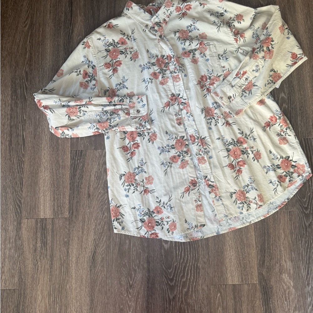 Old Navy Floral Print Shirt - Pink and Black on Cream